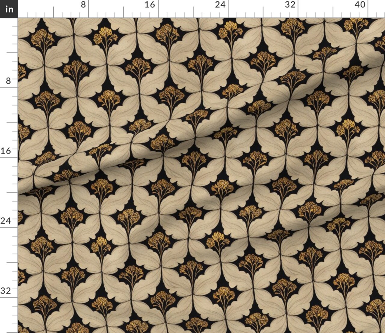 Victorian Flowers Art Nouveau Moody Botanical Art Deco William Morris Inspired Leaves Black Beige Custom Printed Fabric by Spoonflower Various Fabrics by the Yard or Fat Quarter